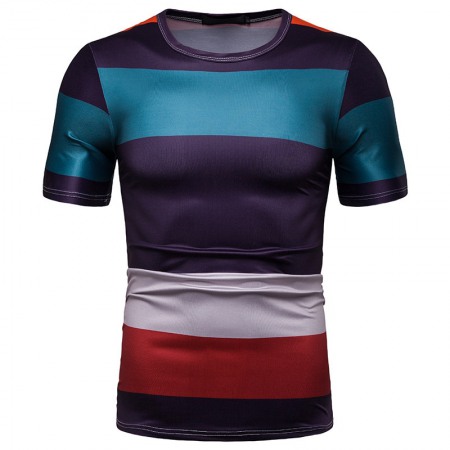 New Summer Men's Short-Sleeved T-Shirt Mens Contrast Striped Slim Casual T-Shirt