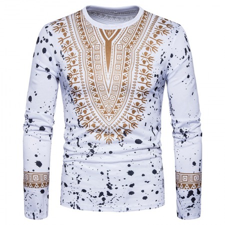 Fashion Male Creative Ethnic Style Floral 3D Printing Long-Sleeved T-Shirt