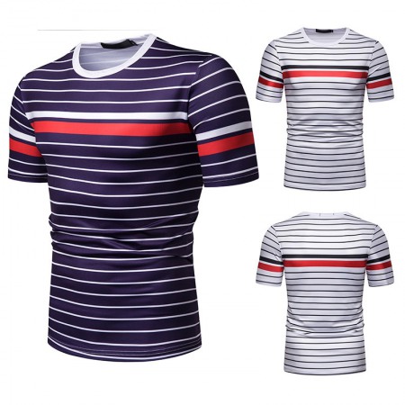 New Summer Men's Short-Sleeved T-Shirt Mens Contrast Striped Slim Casual T-Shirt