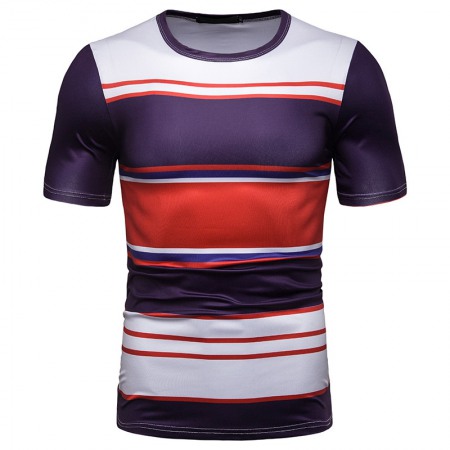 New Summer Men's Short-Sleeved T-Shirt Mens Contrast Striped Slim Casual T-Shirt