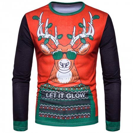 New Style Men's Personality Christmas Elk 3D Printing Round Neck Long Sleeve T-Shirt