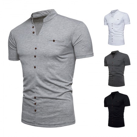 New Fashion Men's Henry Collar Design Short Sleeve T-Shirt